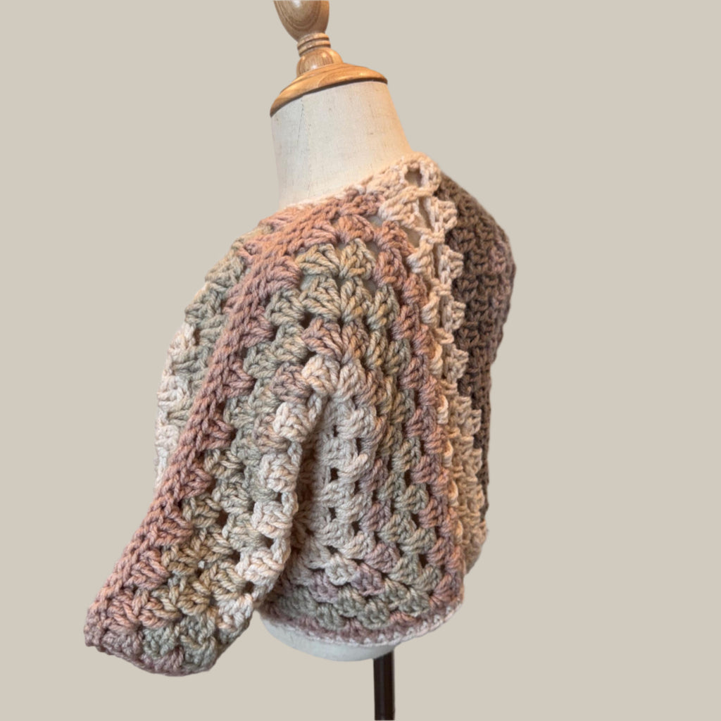 Crochet granny hexagon cardigan and headband set for girl, size 2-3T, beige gray pink and purple color combo