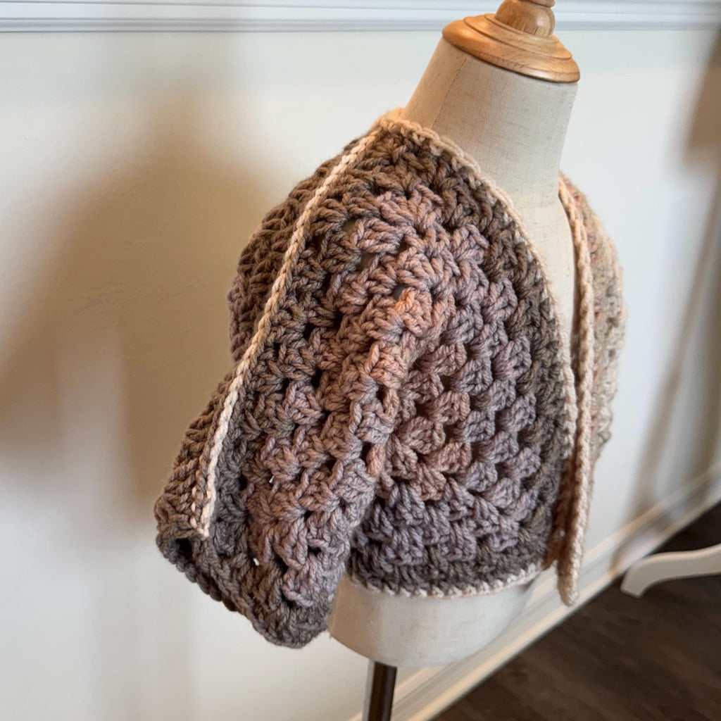 Crochet granny hexagon cardigan and headband set for girl, size 2-3T, beige gray pink and purple color combo