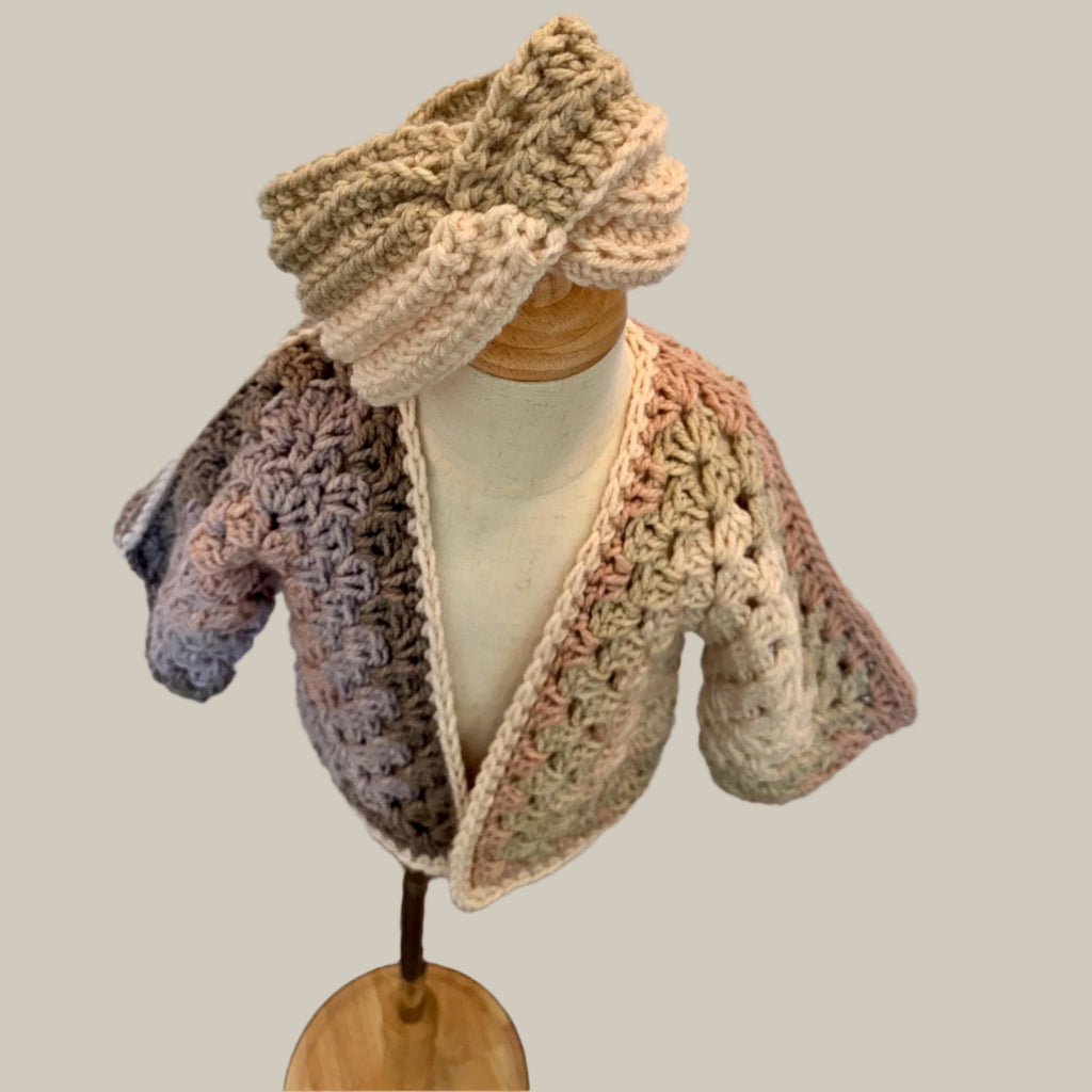 Crochet granny hexagon cardigan and headband set for girl, size 2-3T, beige gray pink and purple color combo