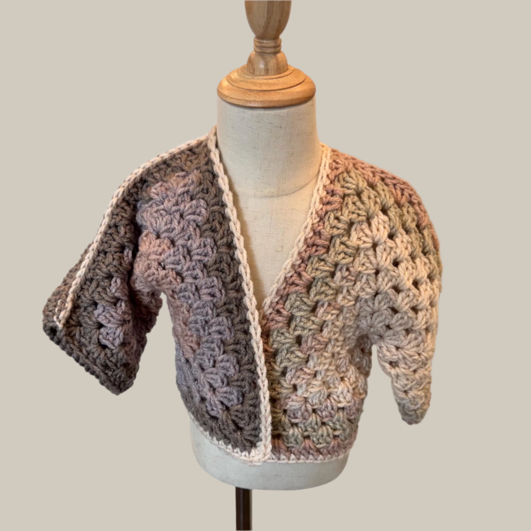 Crochet granny hexagon cardigan and headband set for girl, size 2-3T, beige gray pink and purple color combo