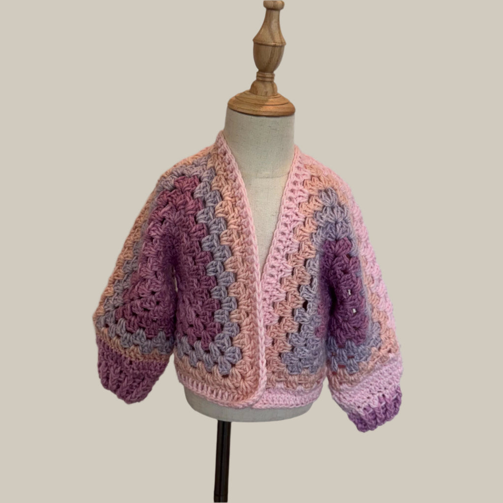 Crochet granny hexagon cardigan and 2 headbands set for girl, size 3-5 y.o., pink white and purple color combo