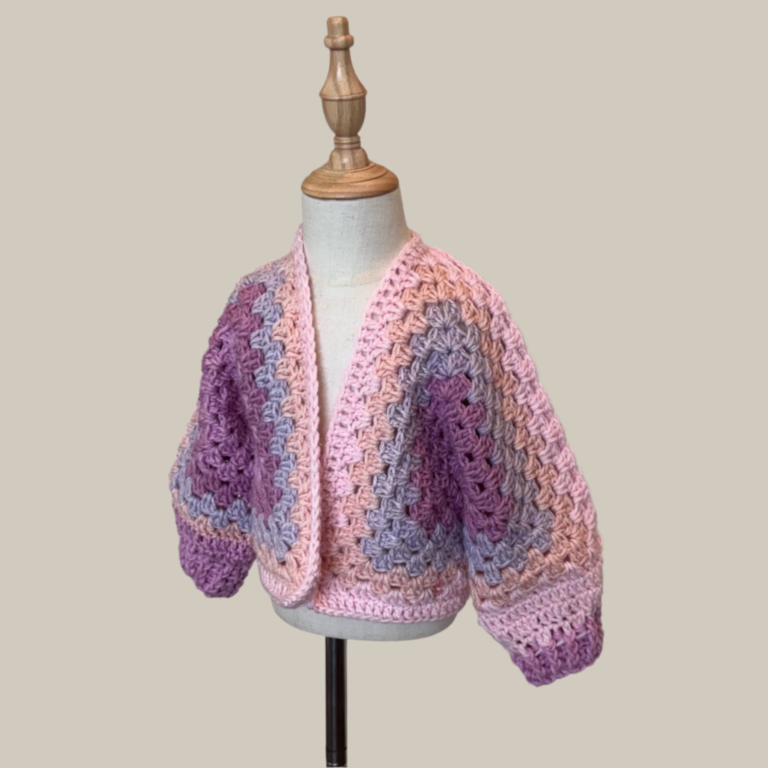 Crochet granny hexagon cardigan and 2 headbands set for girl, size 3-5 y.o., pink white and purple color combo