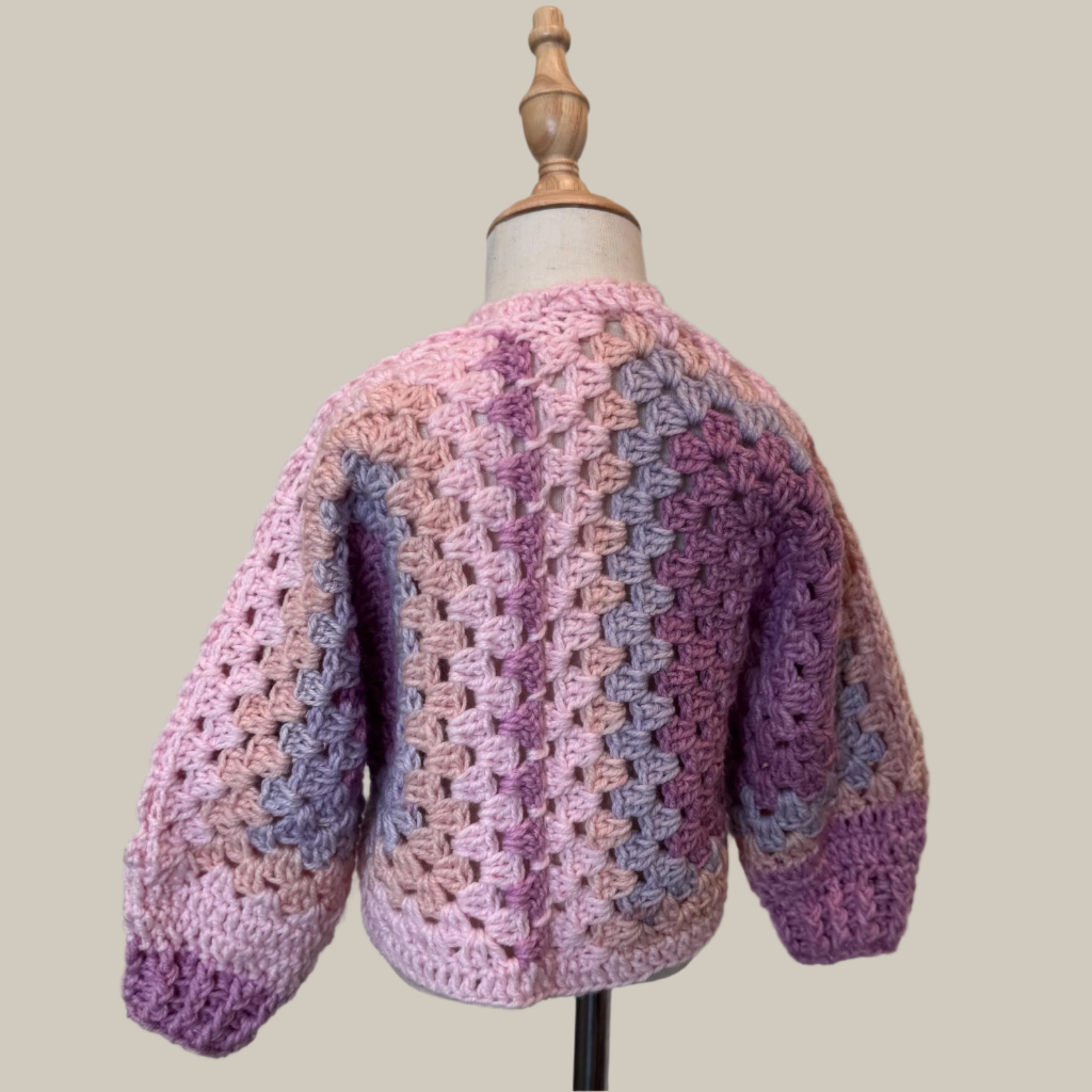 Crochet granny hexagon cardigan and 2 headbands set for girl, size 3-5 y.o., pink white and purple color combo