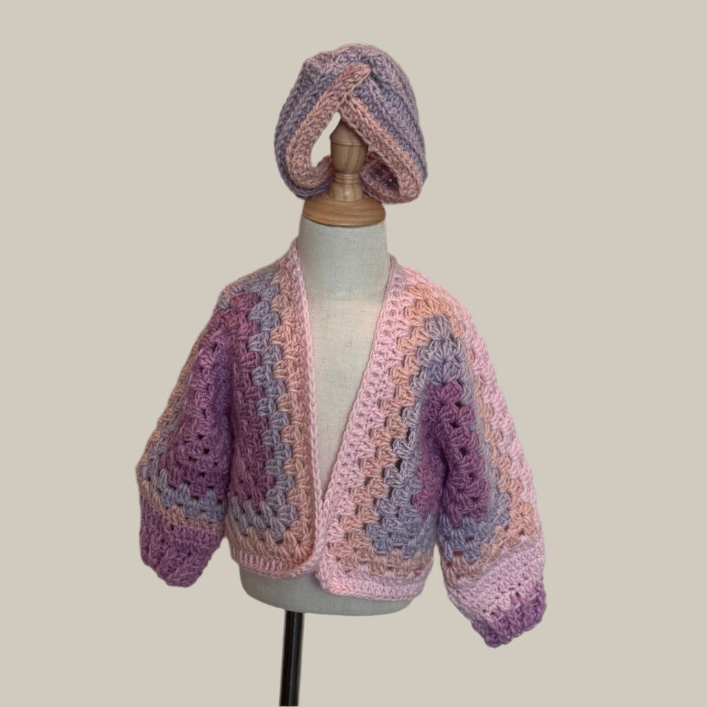 Crochet granny hexagon cardigan and 2 headbands set for girl, size 3-5 y.o., pink white and purple color combo