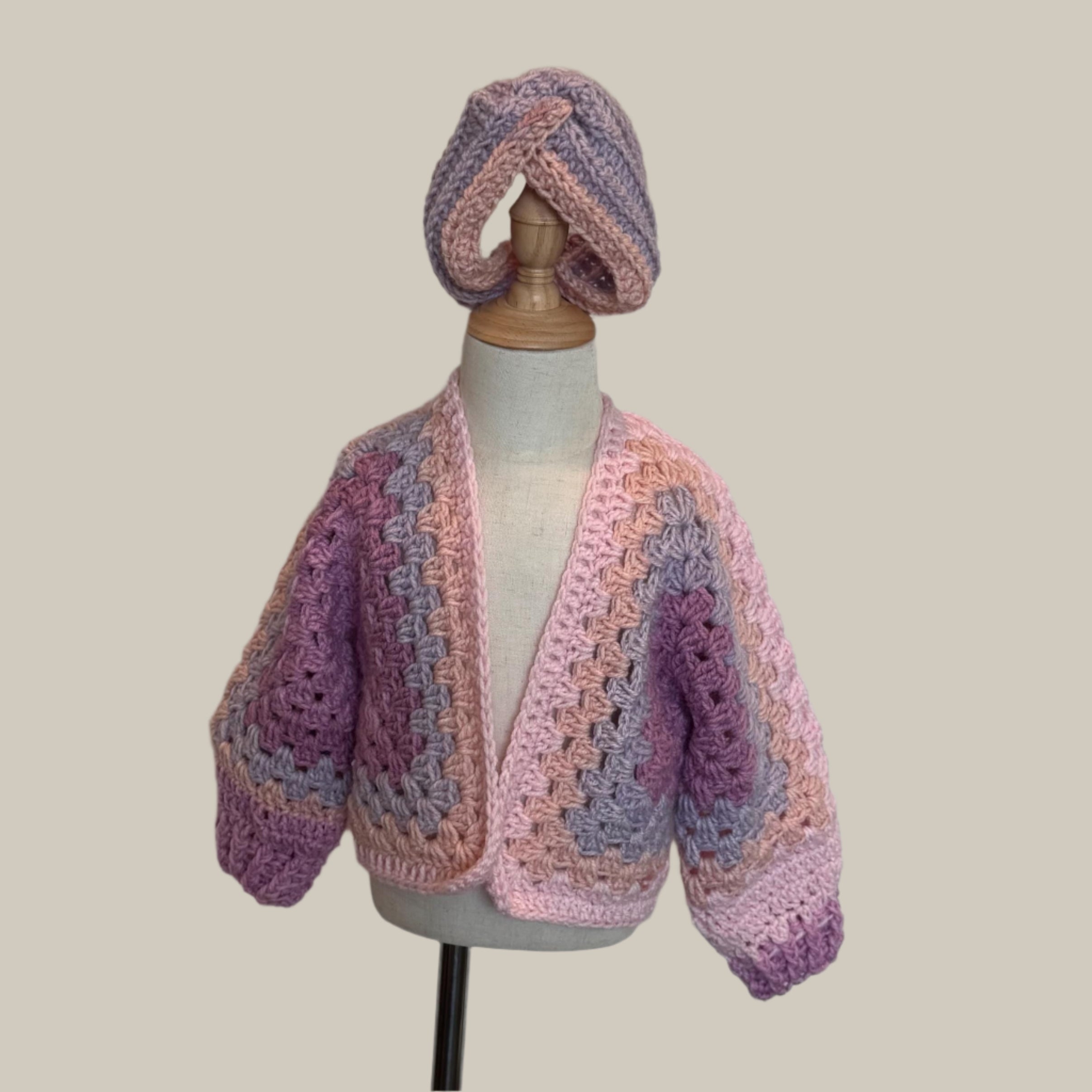 Crochet granny hexagon cardigan and 2 headbands set for girl, size 3-5 y.o., pink white and purple color combo