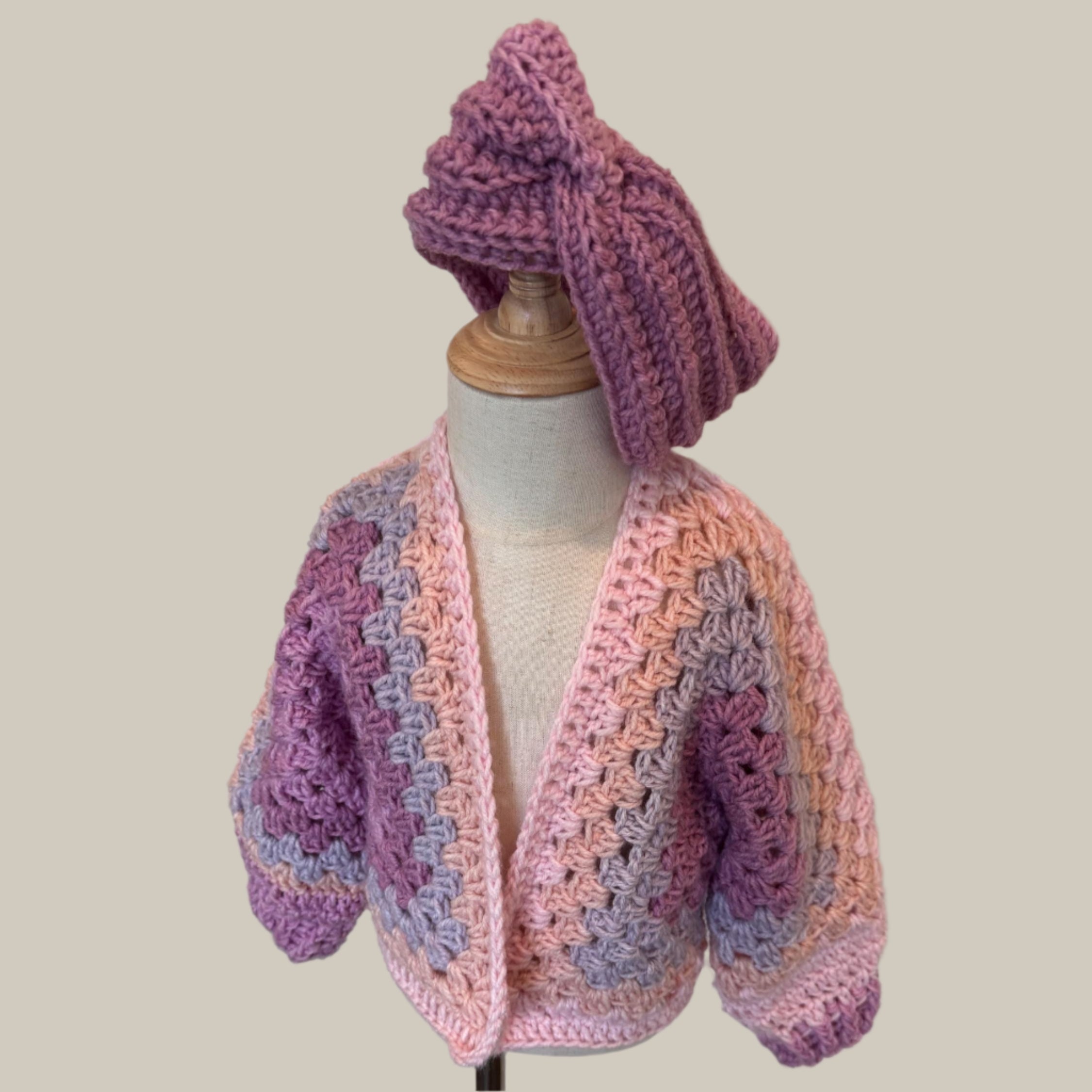 Crochet granny hexagon cardigan and 2 headbands set for girl, size 3-5 y.o., pink white and purple color combo