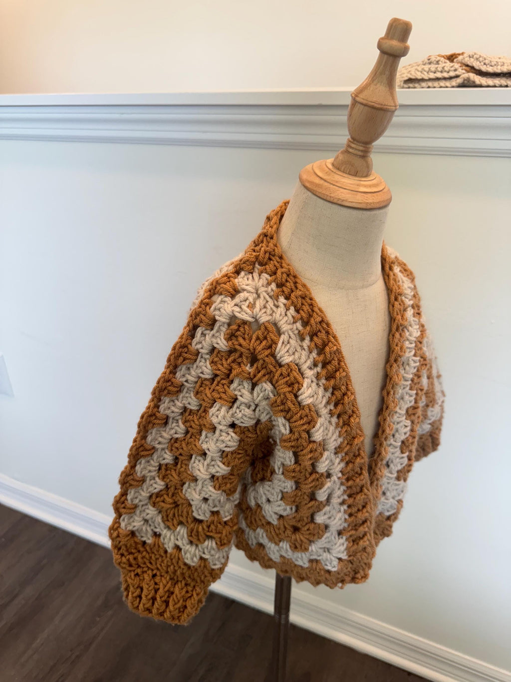 Handmade Crochet Sweater Cardigan and Headband Set for Toddler Girl, size 2-4 years old, beige and brown color combo