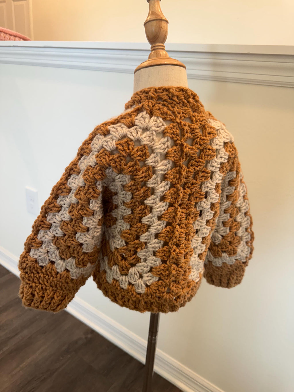 Handmade Crochet Sweater Cardigan and Headband Set for Toddler Girl, size 2-4 years old, beige and brown color combo