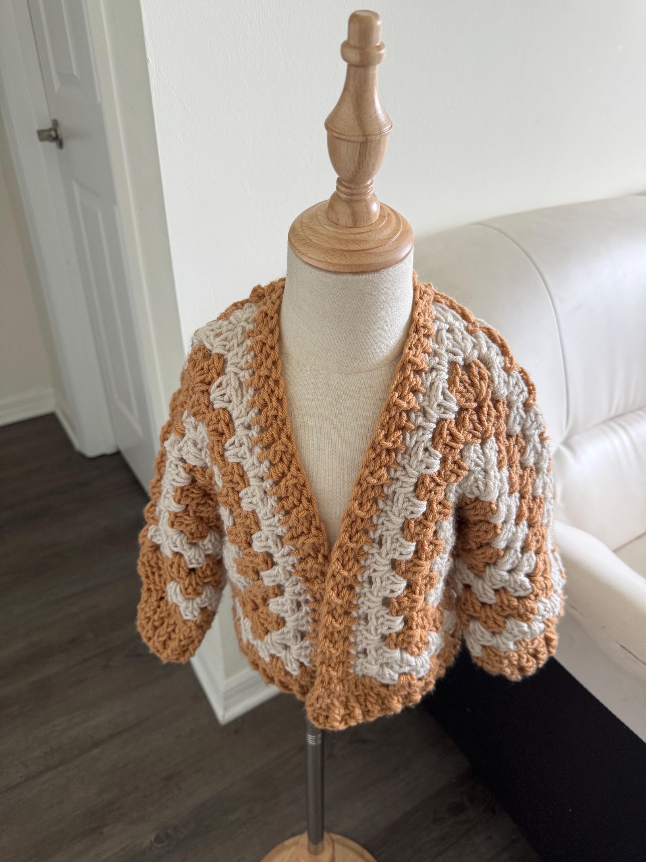 Handmade Crochet Sweater Cardigan and Headband Set for Toddler Girl, size 2-4 years old, beige and brown color combo