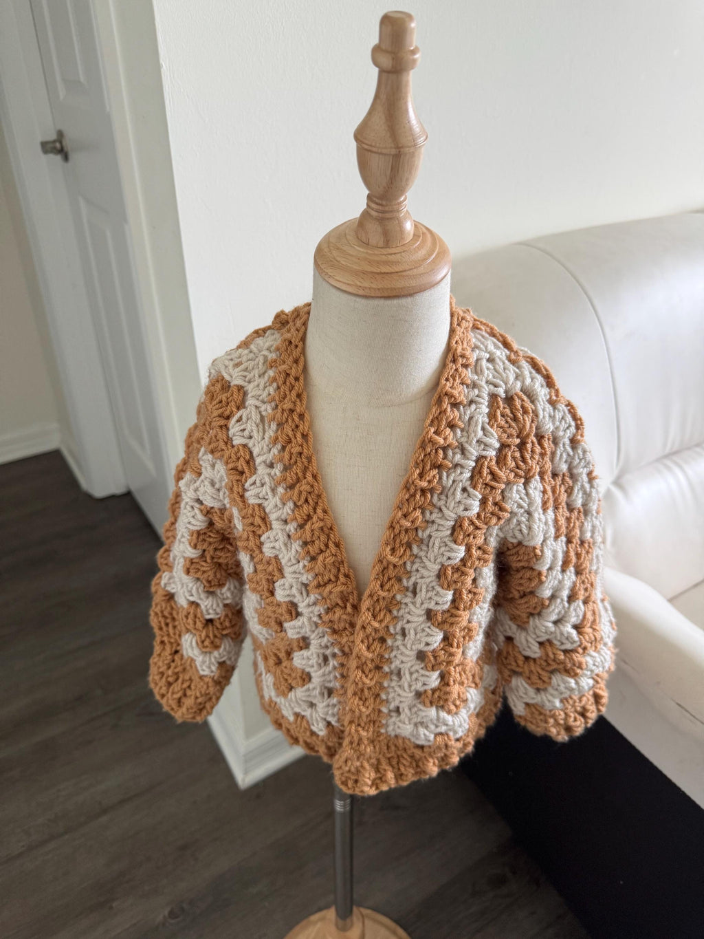 Crochet granny hexagon cardigan and headband set for girl, size 2-4 years old, beige and brown color combo