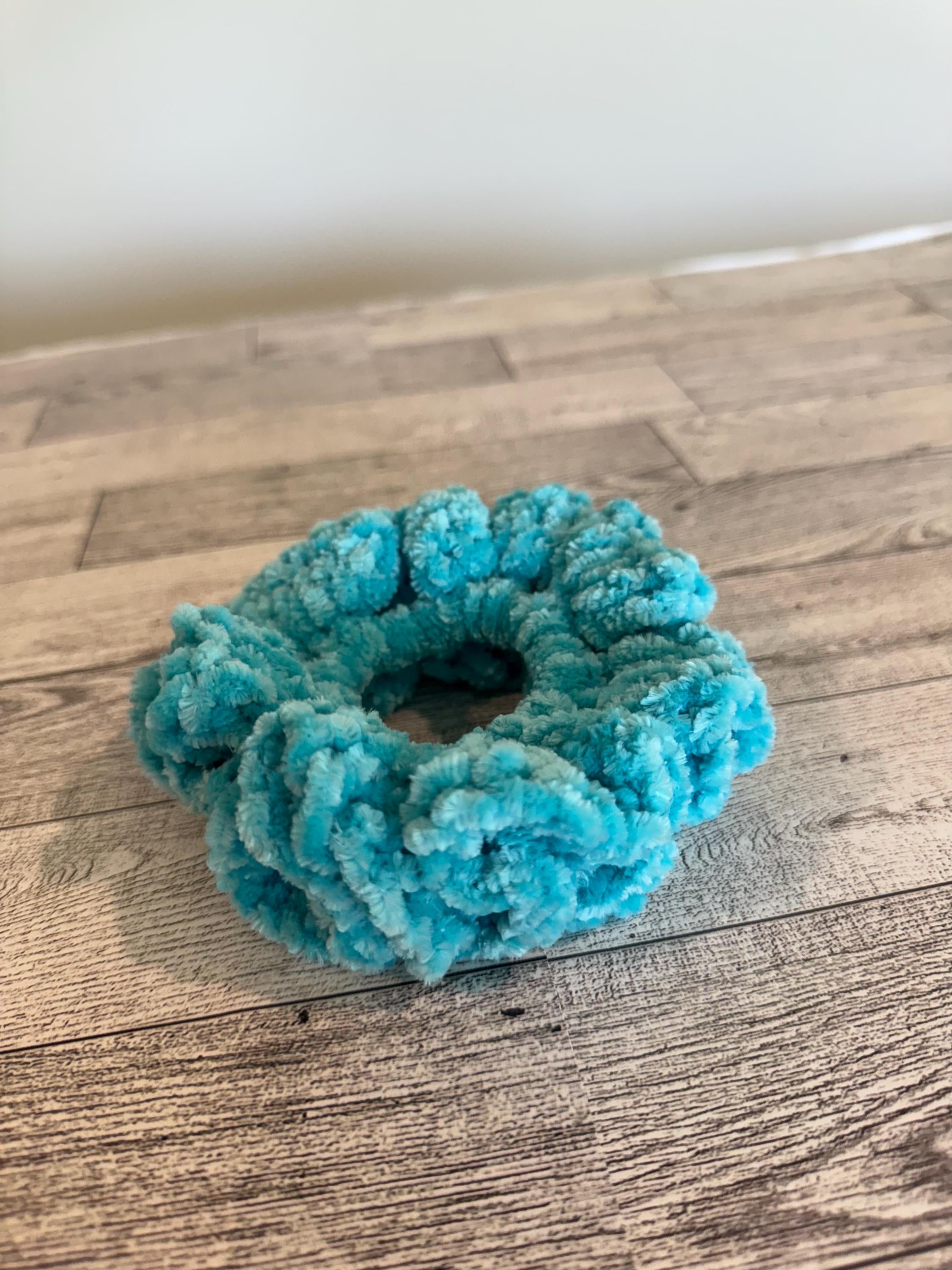 Soft hair scrunchie made from soft velvety yarn- in aqua blue color