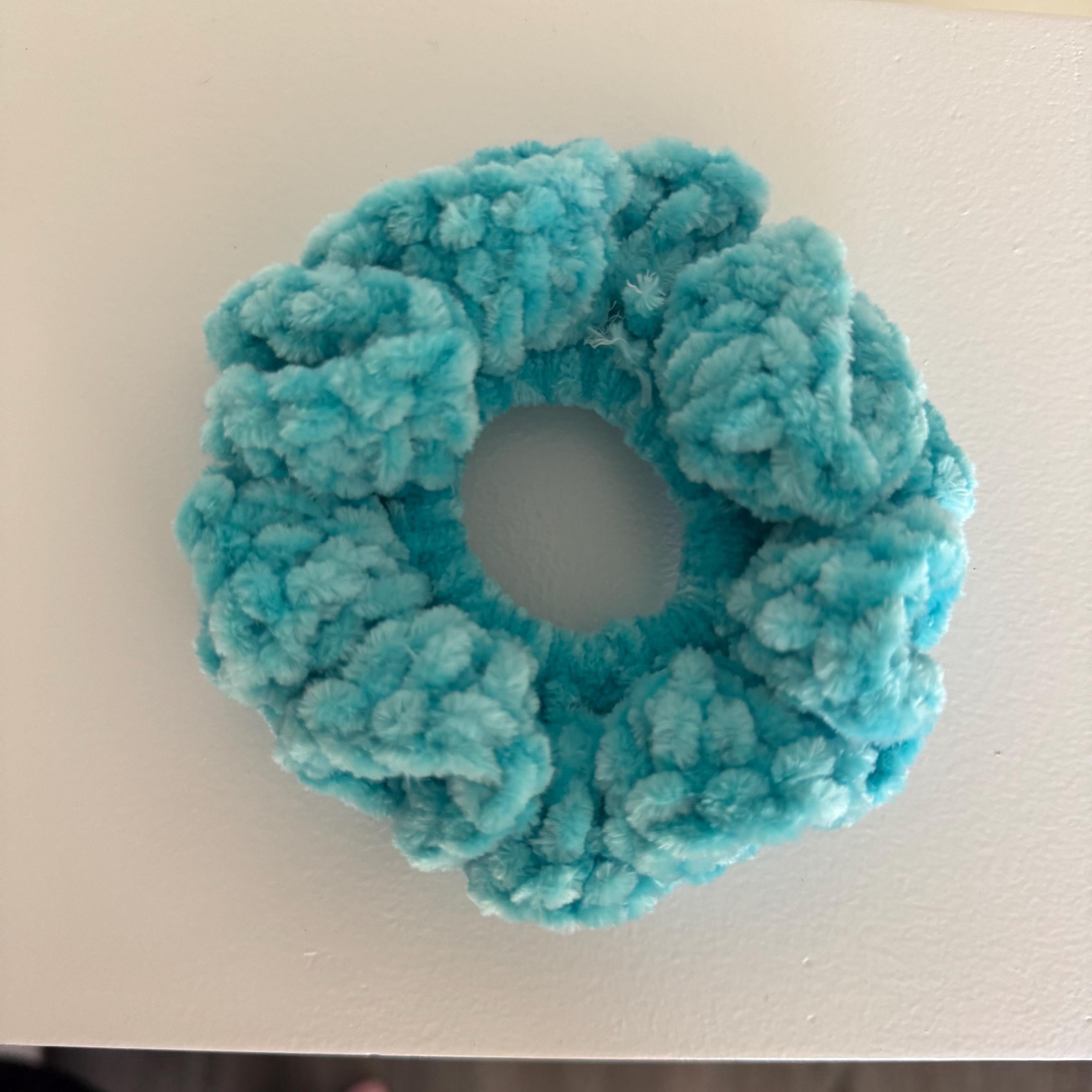 Soft hair scrunchie made from soft velvety yarn- in aqua blue color