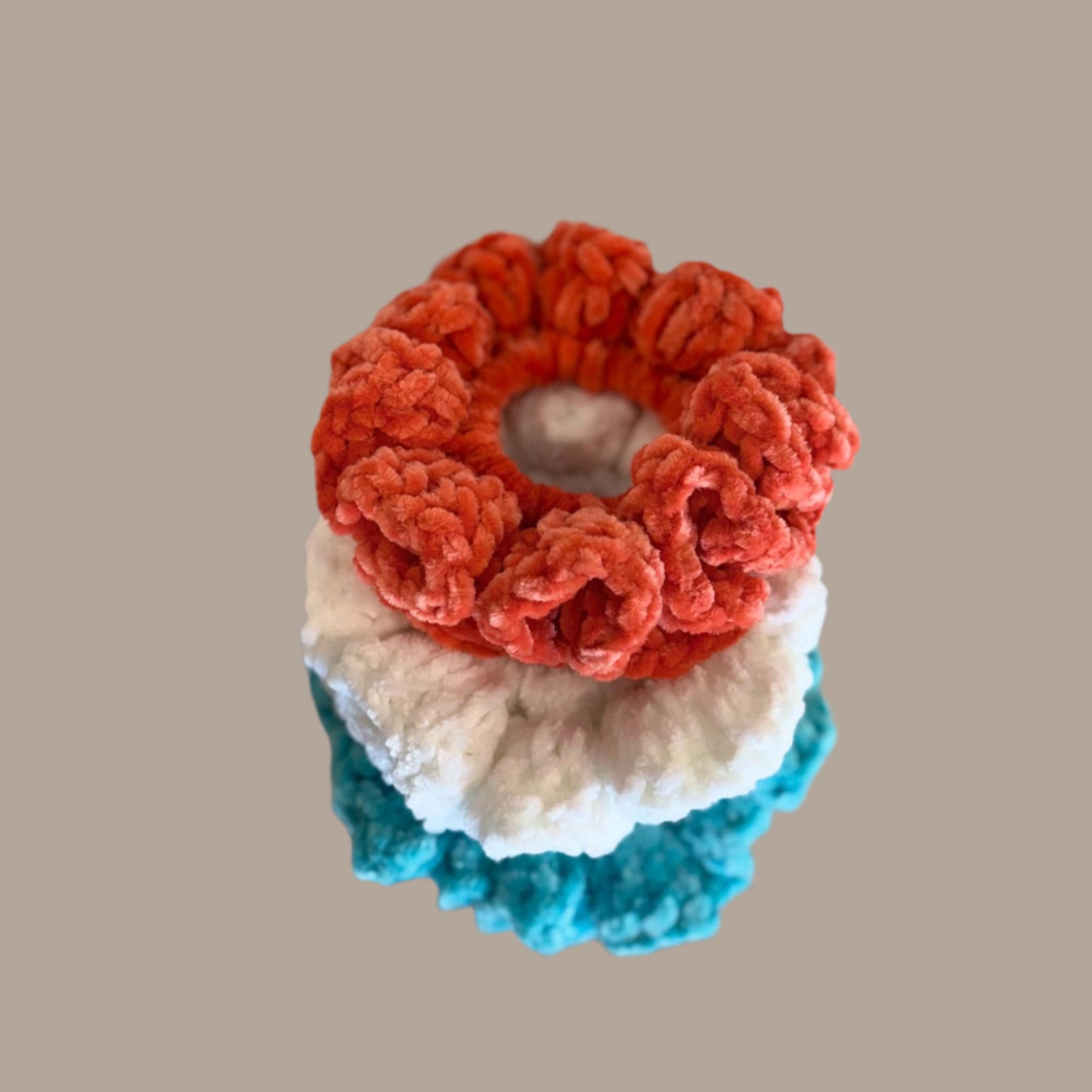 Soft hair scrunchie made from soft velvety yarn- in coral/salmon orange color