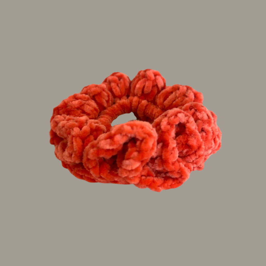Soft hair scrunchie made from soft velvety yarn- in coral/salmon orange color