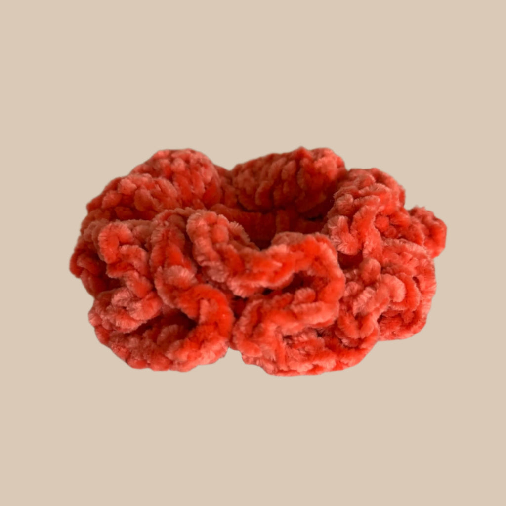Soft hair scrunchie made from soft velvety yarn- in coral/salmon orange color