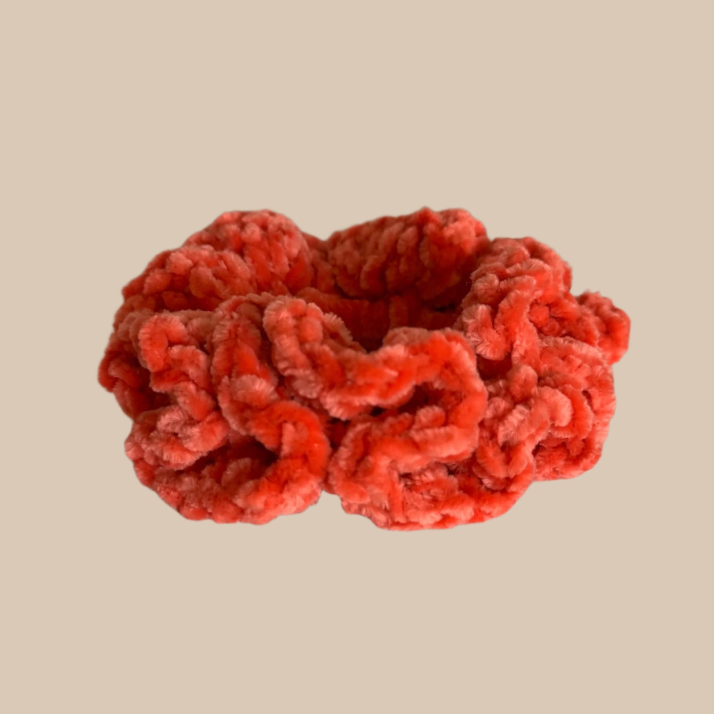 Soft hair scrunchie made from soft velvety yarn- in coral/salmon orange color