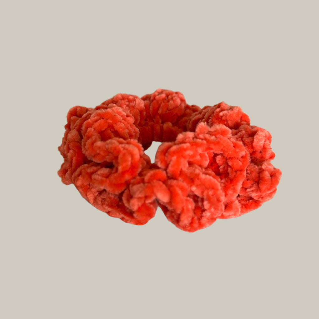 Soft hair scrunchie made from soft velvety yarn- in coral/salmon orange color