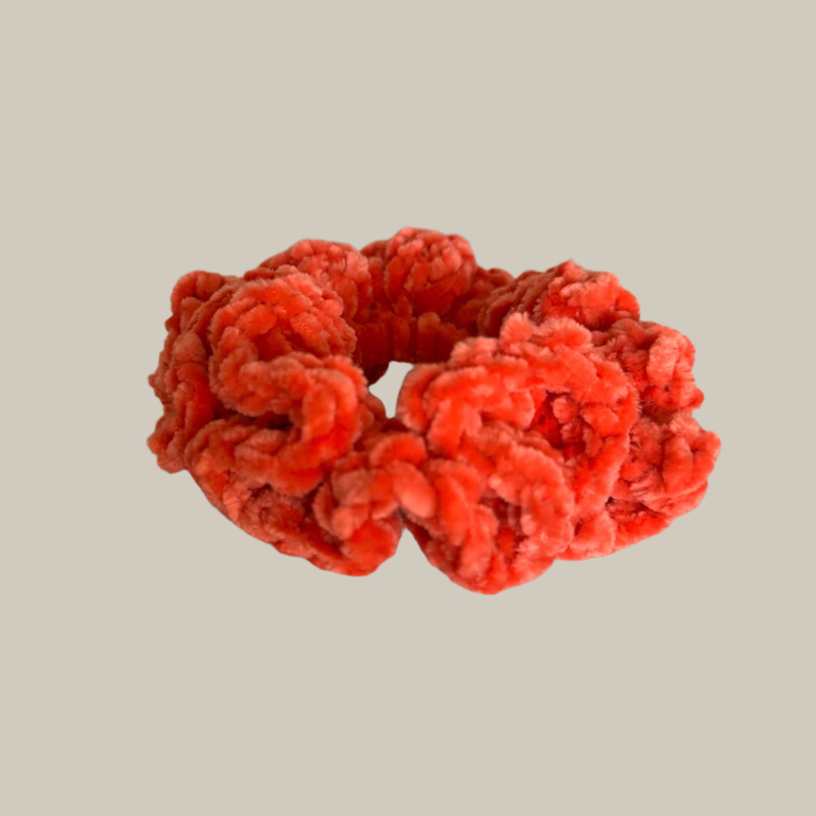 Soft hair scrunchie made from soft velvety yarn- in coral/salmon orange color