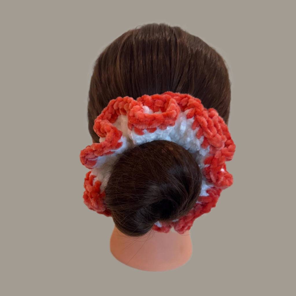 Extra large soft hair scrunchie made from soft velvety yarn- white and coral orange color