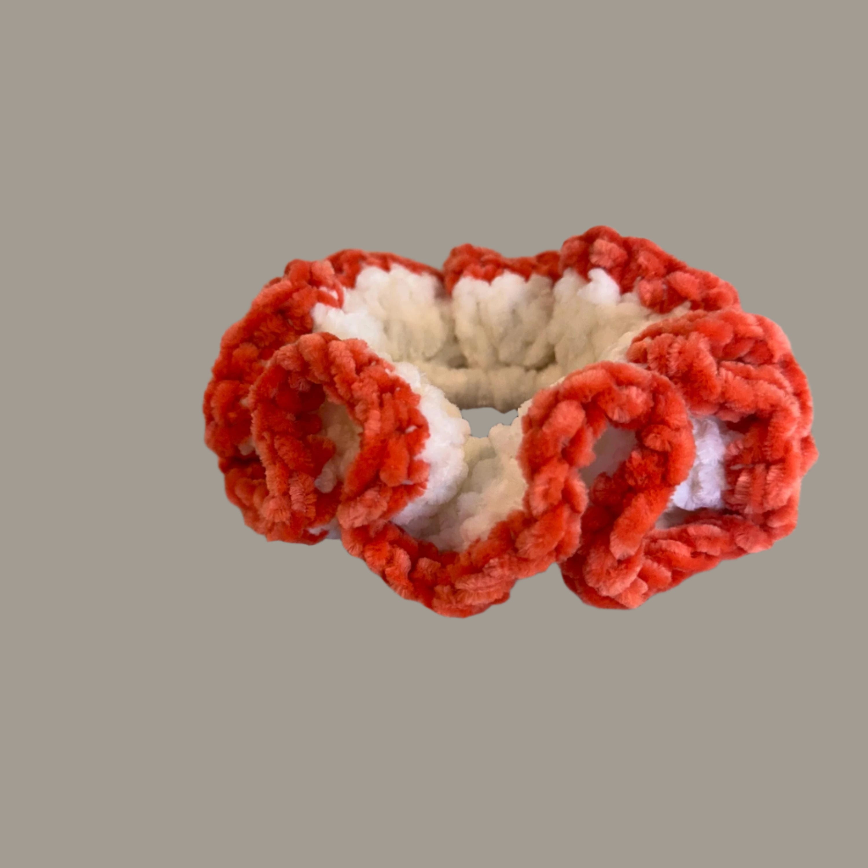 Extra large soft hair scrunchie made from soft velvety yarn- white and coral orange color