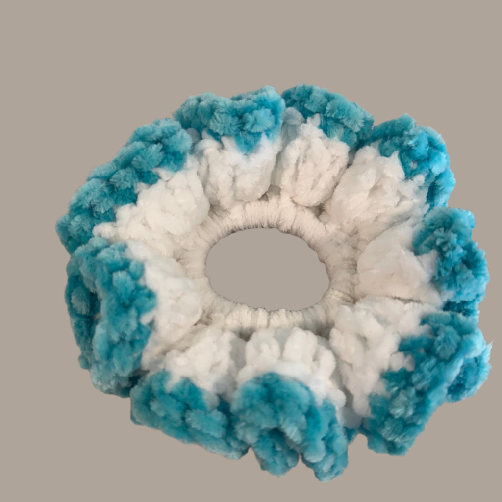 Extra large soft hair scrunchie made from soft velvety yarn- white and aqua blue color