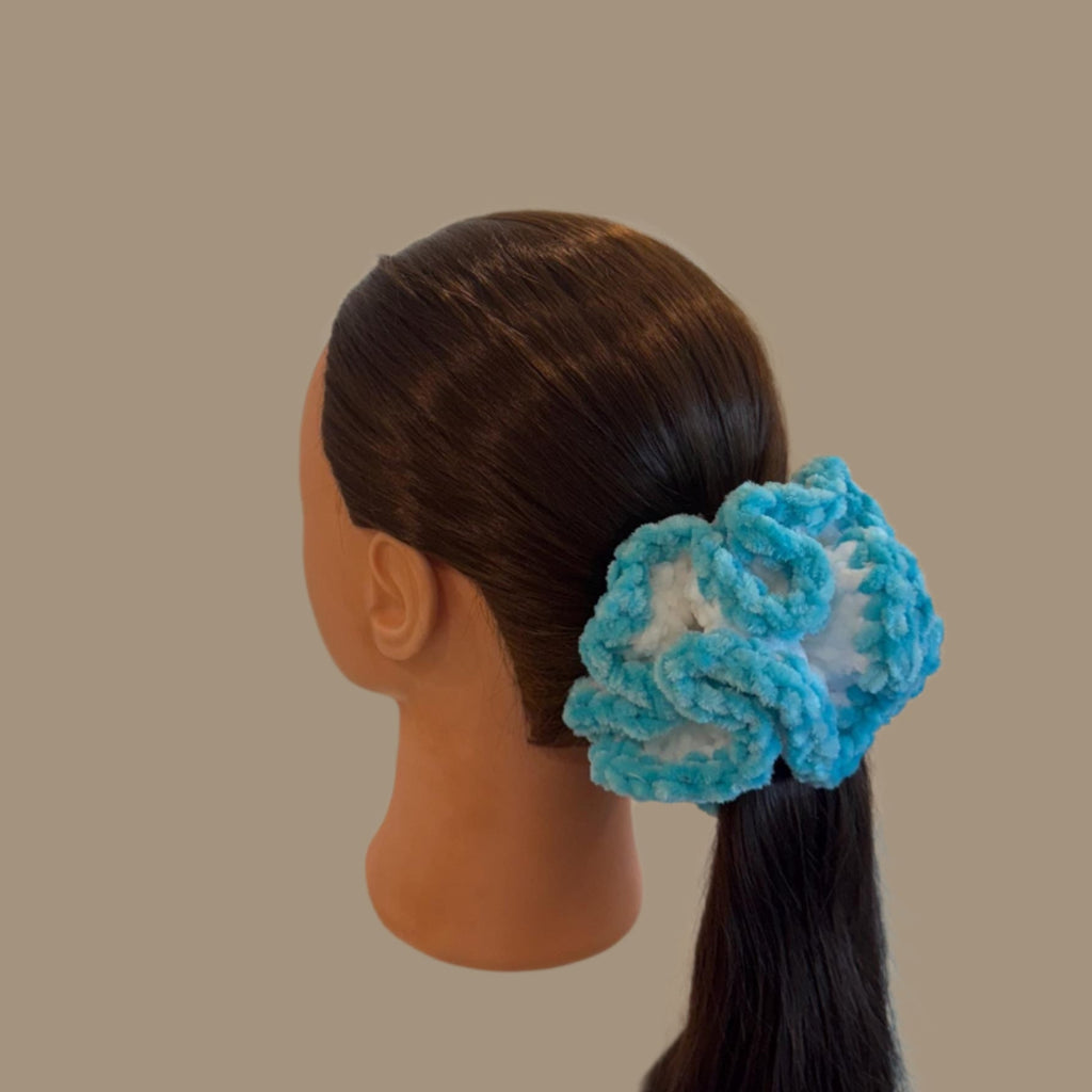 Extra large soft hair scrunchie made from soft velvety yarn- white and aqua blue color