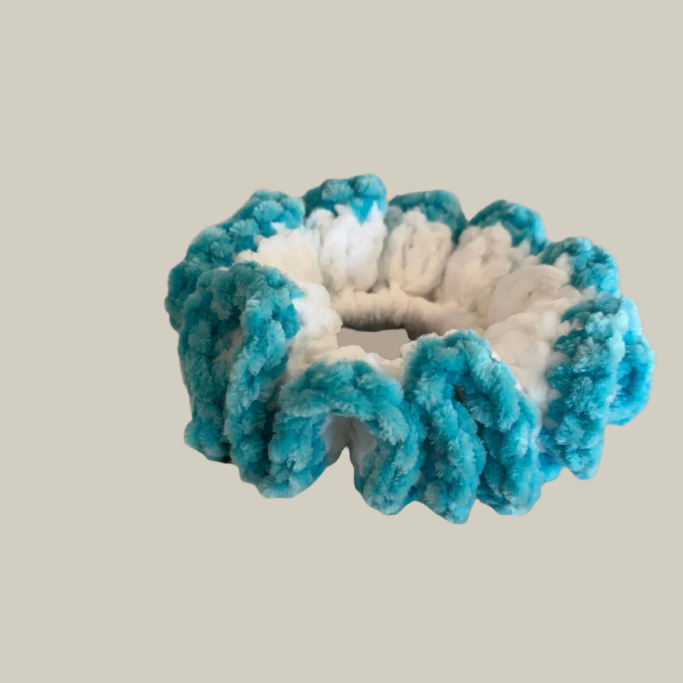 Extra large soft hair scrunchie made from soft velvety yarn- white and aqua blue color