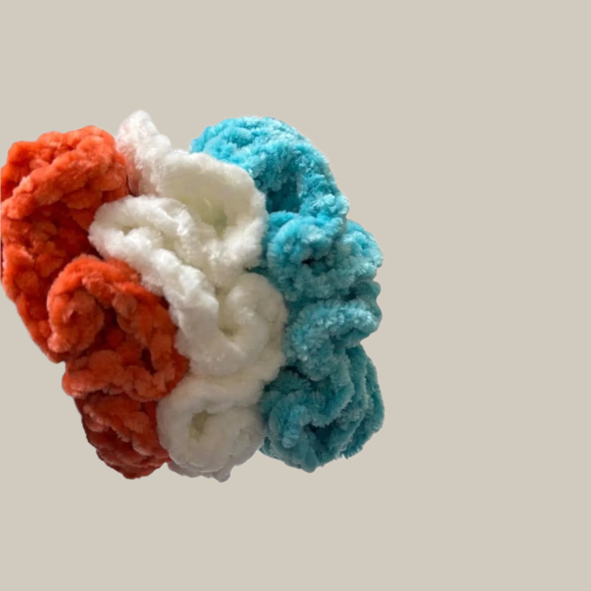 Soft hair scrunchies - set of 3- made from soft velvety yarn- in aqua blue color- white- coral orange