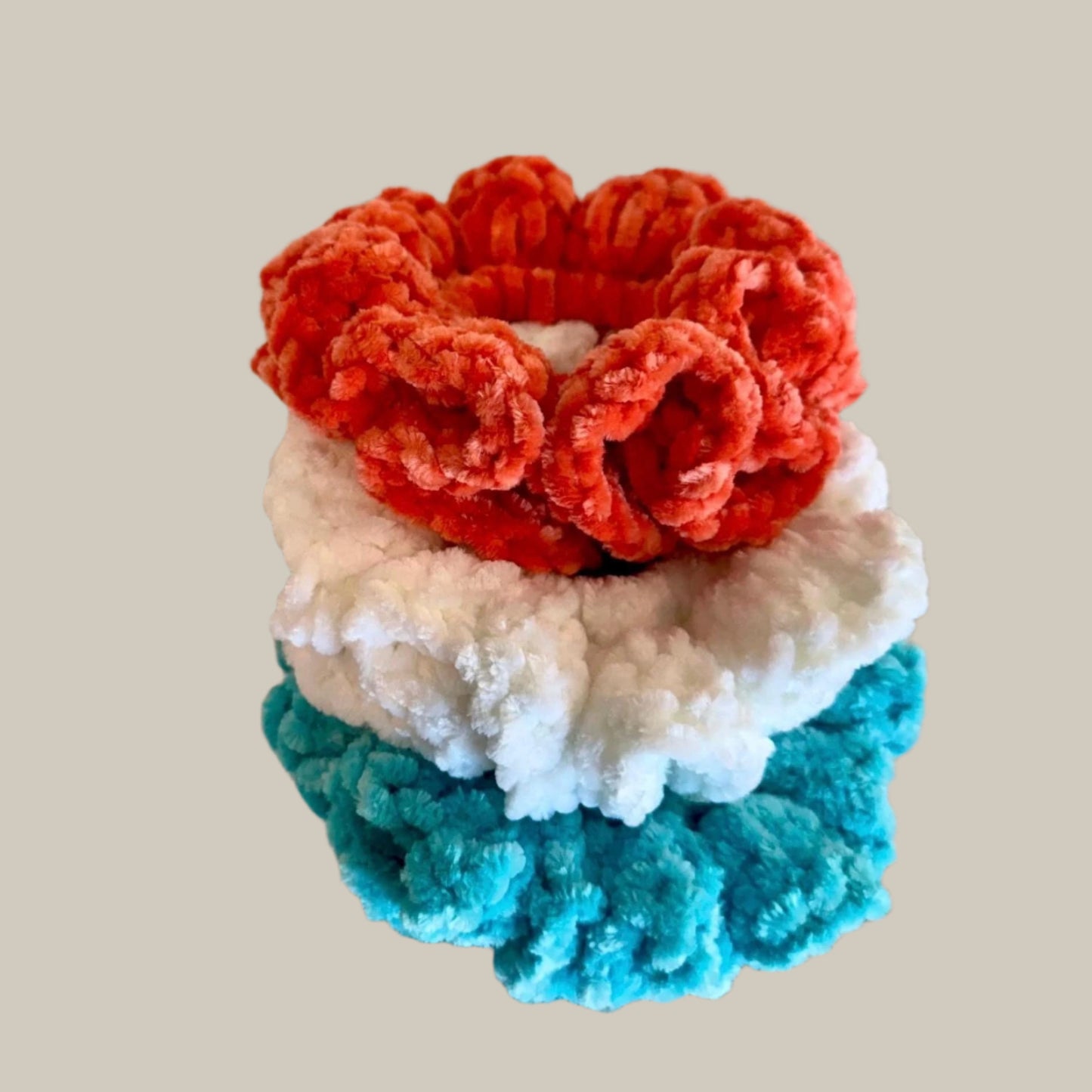 Soft hair scrunchies - set of 3- made from soft velvety yarn- in aqua blue color- white- coral orange