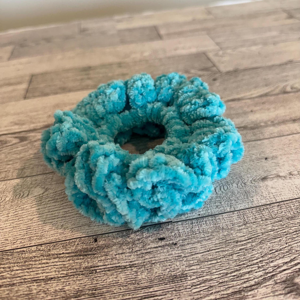 Soft hair scrunchie made from soft velvety yarn- in aqua blue color
