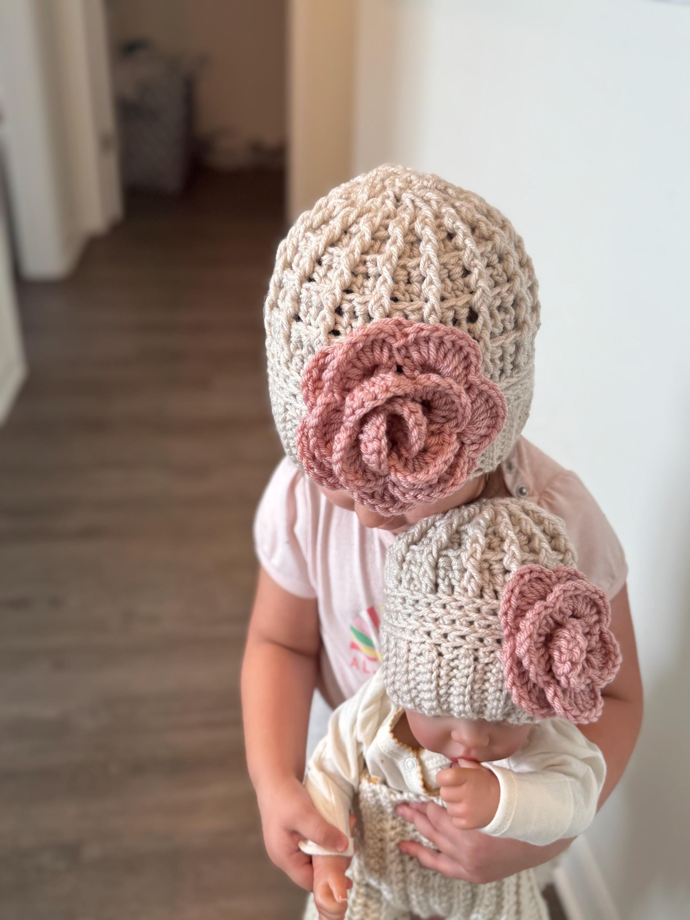 Crochet Beanie Hat with Crochet Flower - Baby Toddler Beanie Hat - Silver with Soft Pink Rose Flower