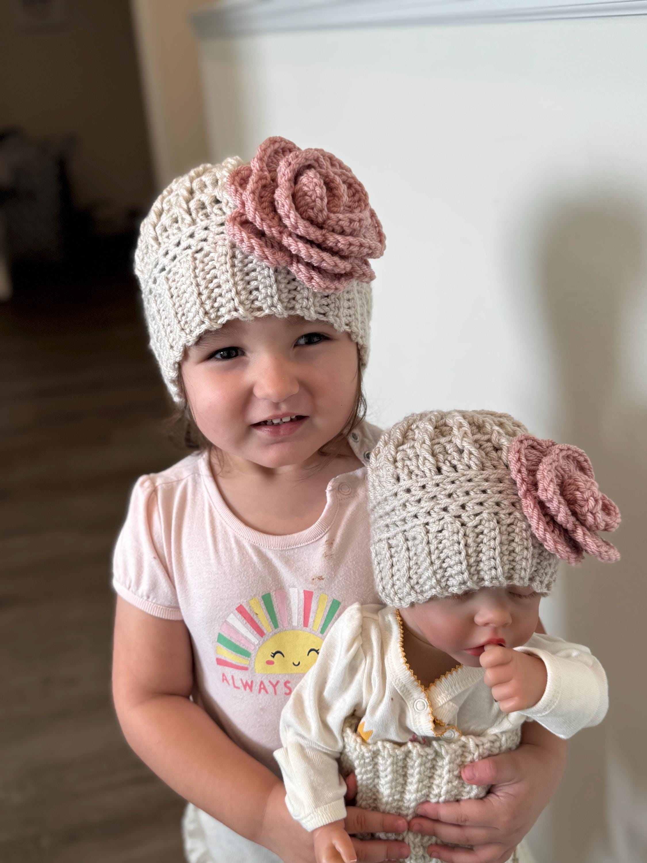 Crochet Beanie Hat with Crochet Flower - Baby Toddler Beanie Hat - Silver with Soft Pink Rose Flower
