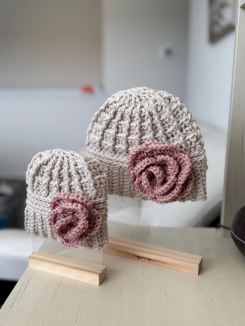 Crochet Beanie Hat with Crochet Flower - Baby Toddler Beanie Hat - Silver with Soft Pink Rose Flower