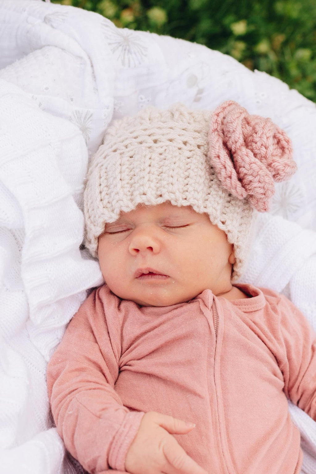 Crochet Beanie Hat with Crochet Flower - Baby Toddler Beanie Hat - Silver with Soft Pink Rose Flower