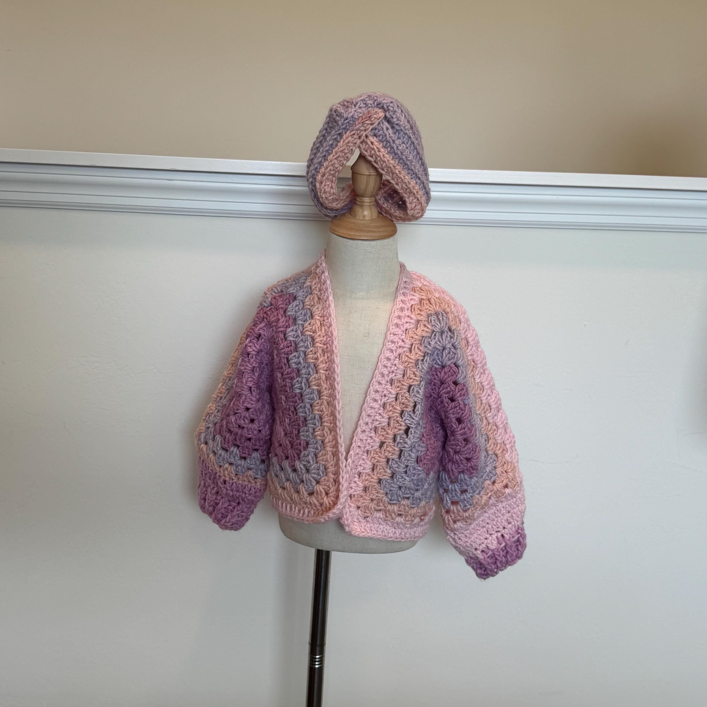Soft Yarn Blend Toddler Crochet Cardigan Girl Outfit Set Pink White Purple Colors Handmade Gift Child Sweater Granny Stitch Hexagon Design Vintage Style Beautiful Quality Construction Comfortable Everyday Wear Special Occasion Ready To Ship