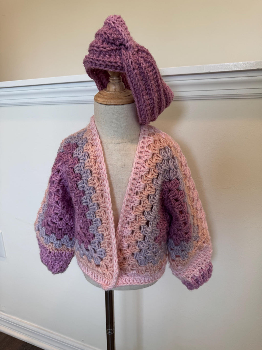 Toddler Crochet Cardigan Girl Outfit Set Headband Pink Accessory Handmade Gift Child Sweater Granny Stitch Hexagon Design Vintage Style Autumn Clothing Layering Piece Soft Yarn Beautiful Colors White Purple Blend Special Occasion Ready To