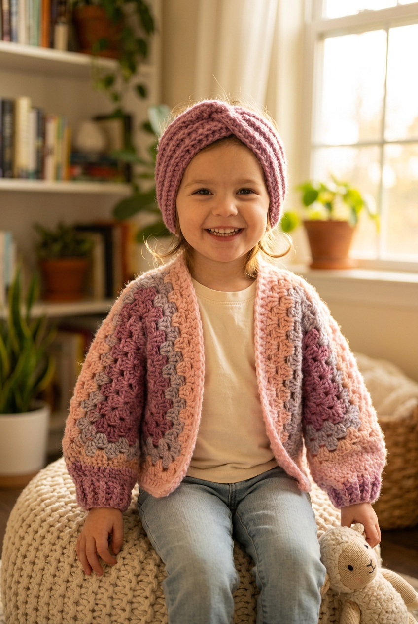 Toddler Crochet Cardigan Girl Outfit Set Headband Pink Accessory Handmade Gift Child Sweater Granny Stitch Hexagon Design Vintage Style