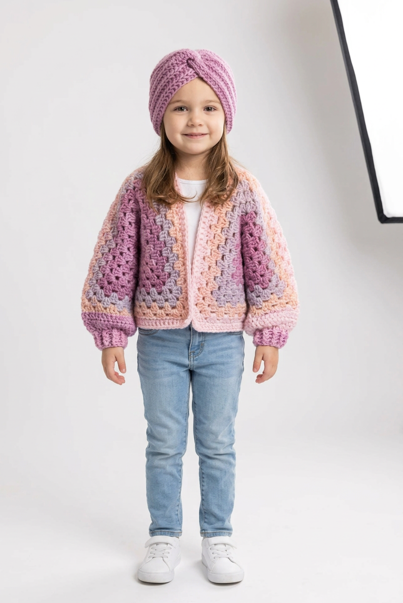 Toddler Crochet Cardigan Girl Outfit Set Headband Pink Accessory Handmade Gift Child Sweater Granny Stitch Hexagon Design Vintage Style