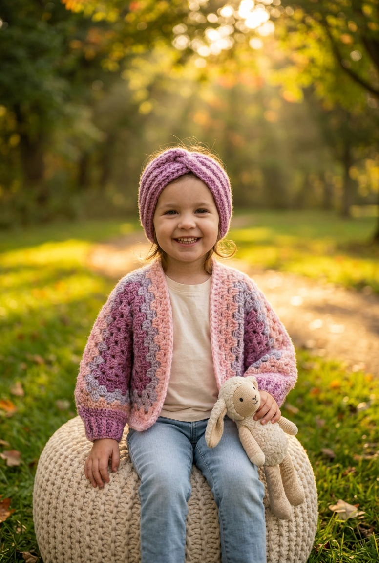 Toddler Crochet Cardigan Girl Outfit Set Headband Pink Accessory Handmade Gift Child Sweater Granny Stitch Hexagon Design Vintage Style