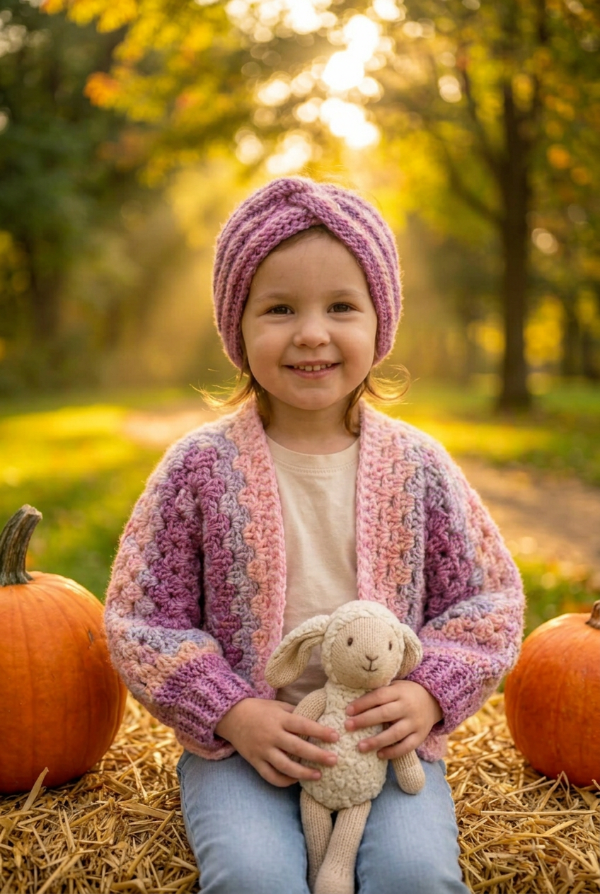 Toddler Crochet Cardigan Girl Outfit Set Headband Pink Accessory Handmade Gift Child Sweater Granny Stitch Hexagon Design Vintage Style