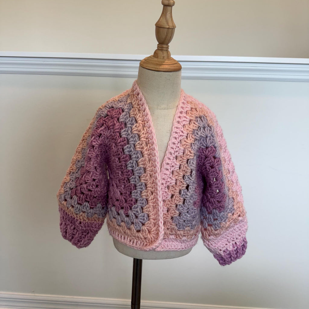 Complete Outfit Collection Toddler Crochet Cardigan Girl Sweater Set Pink Headband Accessory Handmade Gift Child Clothing Granny Stitch Hexagon Design Vintage Style Autumn Fashion Layering Piece Soft Yarn Beautiful Colors White Purple Blend