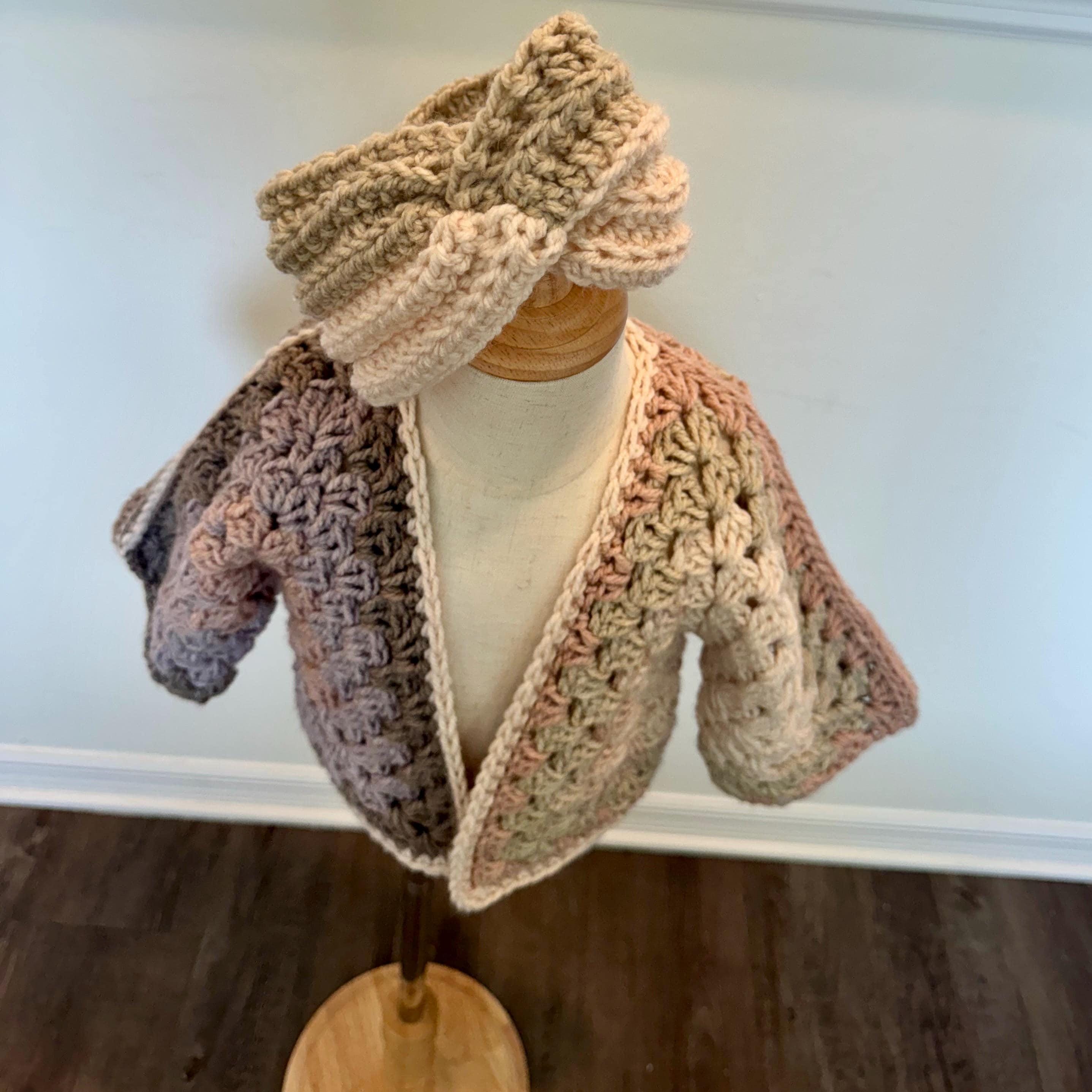 Handmade Girl Outfit Set Crochet Cardigan Headband Combination Toddler Size Clothing Hexagon Pattern Design Vintage Knitwear Style Beige Pink Purple Color Scheme Spring Wardrobe Essential Cute Baby Accessory Granny Stitch Technique Unique