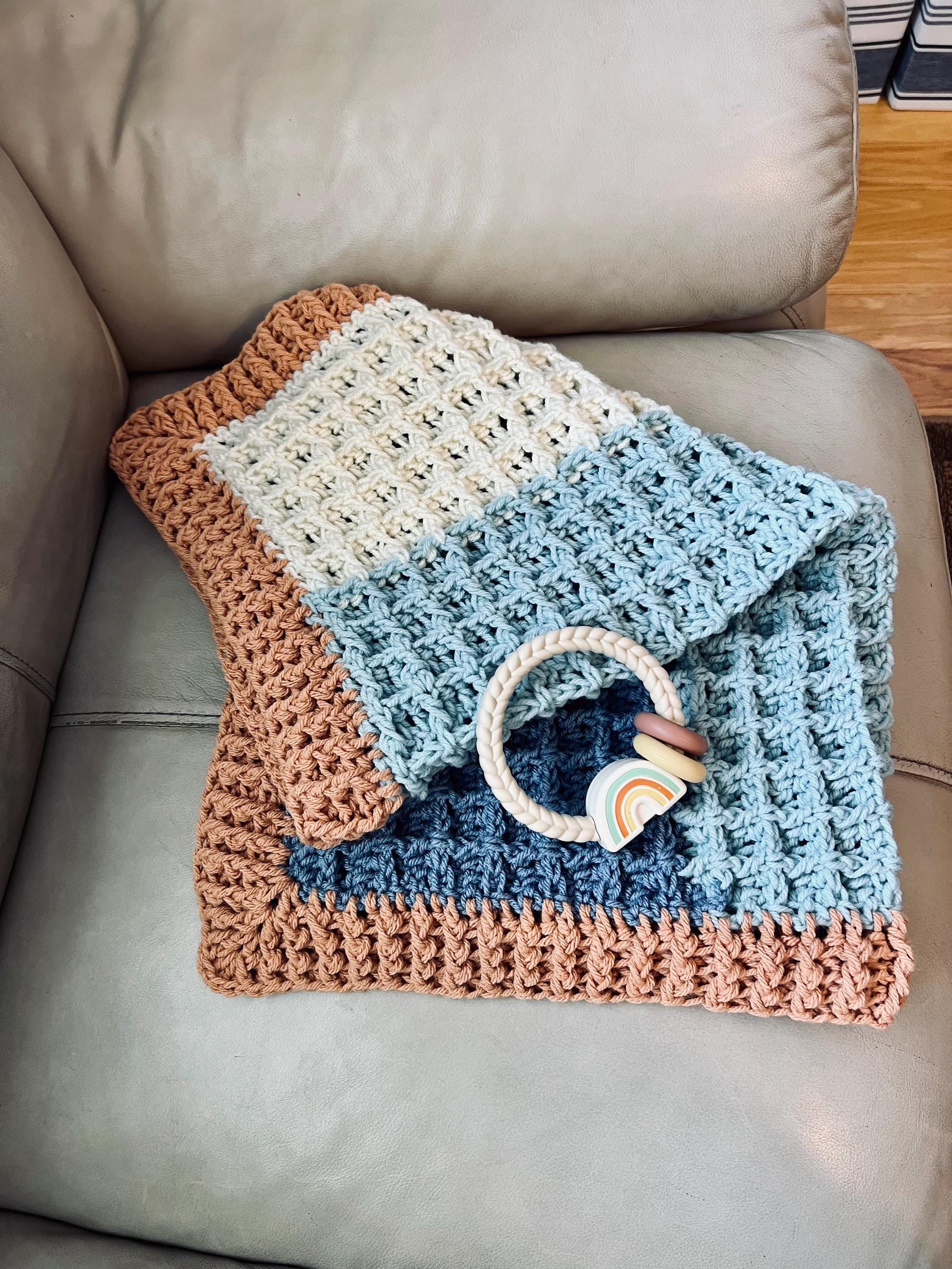 Handmade Crochet Blanket Modern Heirloom Design Beach Theme Pattern Baby Nursery Essential Boho Style Decor Coastal Inspired Colors Soft Yarn Material Gentle Touch Texture Blue White Beige Combination Perfect Newborn Gift Baby Shower