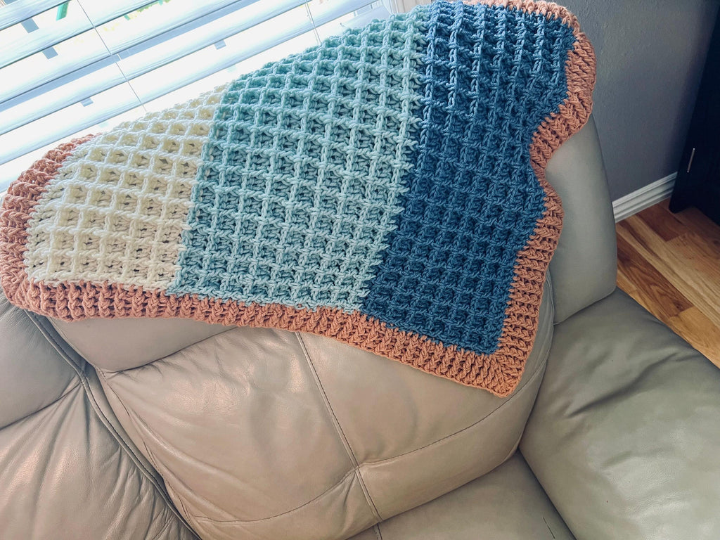 Modern Heirloom Blanket Beach Theme Design Coastal Nursery Decor Handmade Crochet Pattern Soft Yarn Material Blue White Beige Colors Perfect Baby Shower Gift Newborn Present Bassinet Size Cover Stroller Accessory Carseat Blanket Beautiful