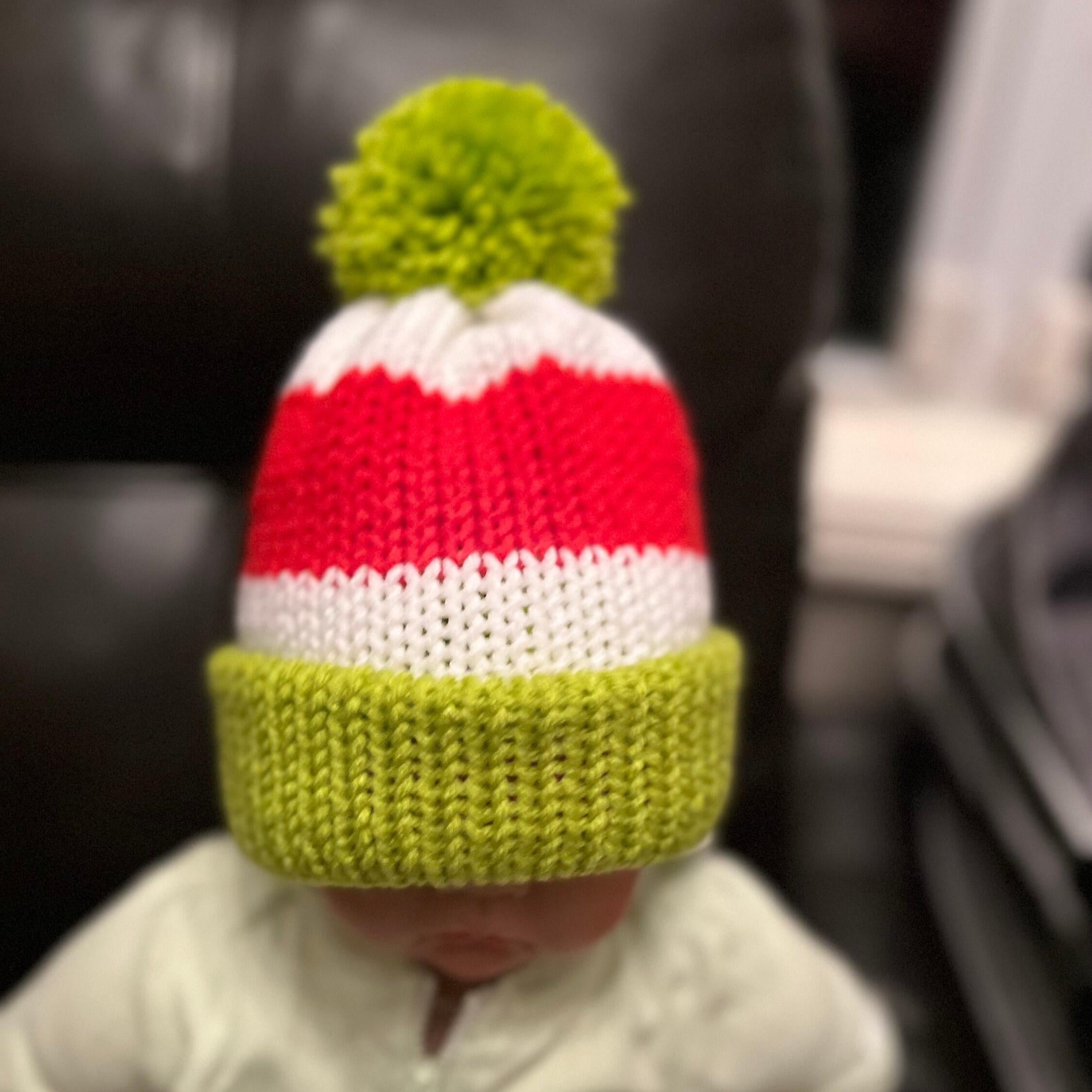 Christmas beanie hat, red-white- lime green colored, sizes newborn to adult, Grinch hat, baby Grinch hat, woman’s grinch hat, toddler beanie