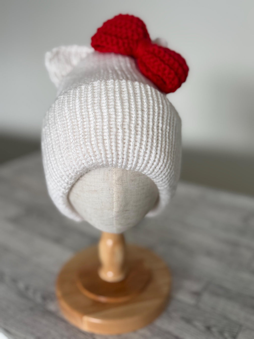 Cat Ears Beanie Hat White with Red Bow Adult Child and Baby sizes