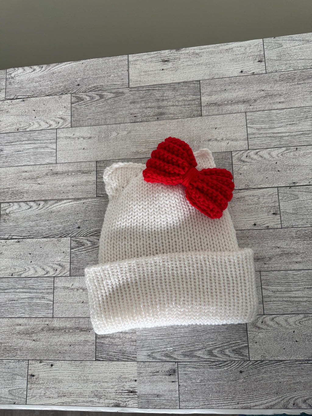 Cat Ears Beanie Hat White with Red Bow Adult Child and Baby sizes