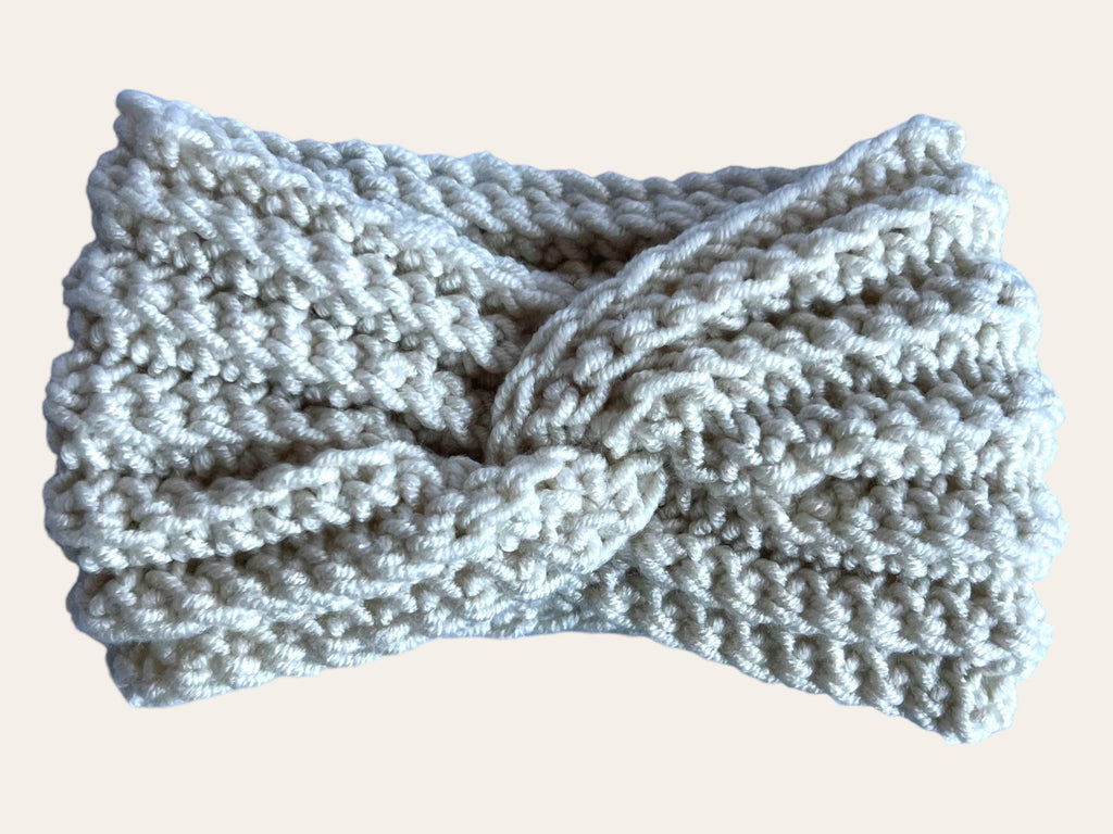 Soft Acrylic Headband White Twisted Design Chunky Knit Texture Comfortable Ear Warmer Spring Weather Accessory Boho Style Hair Wrap Cream Color Turban Non Scratchy Material Handmade Crochet Work Woman Fashion Piece Cool Weather Protection