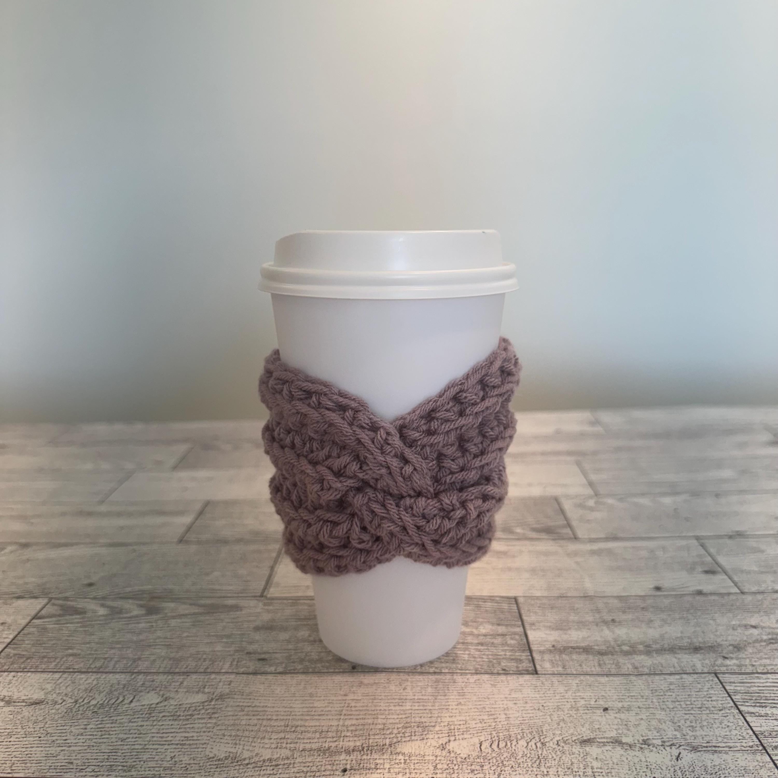 Mothers Day Gift Idea Coffee Lover Present Handmade Crochet Cup Sleeve Reusable Coffee Cozy Purple Beverage Holder Eco Friendly Alternative Sustainable Gift Option Beautiful Lavender Design Hot Drink Insulator Hand Protection Feature