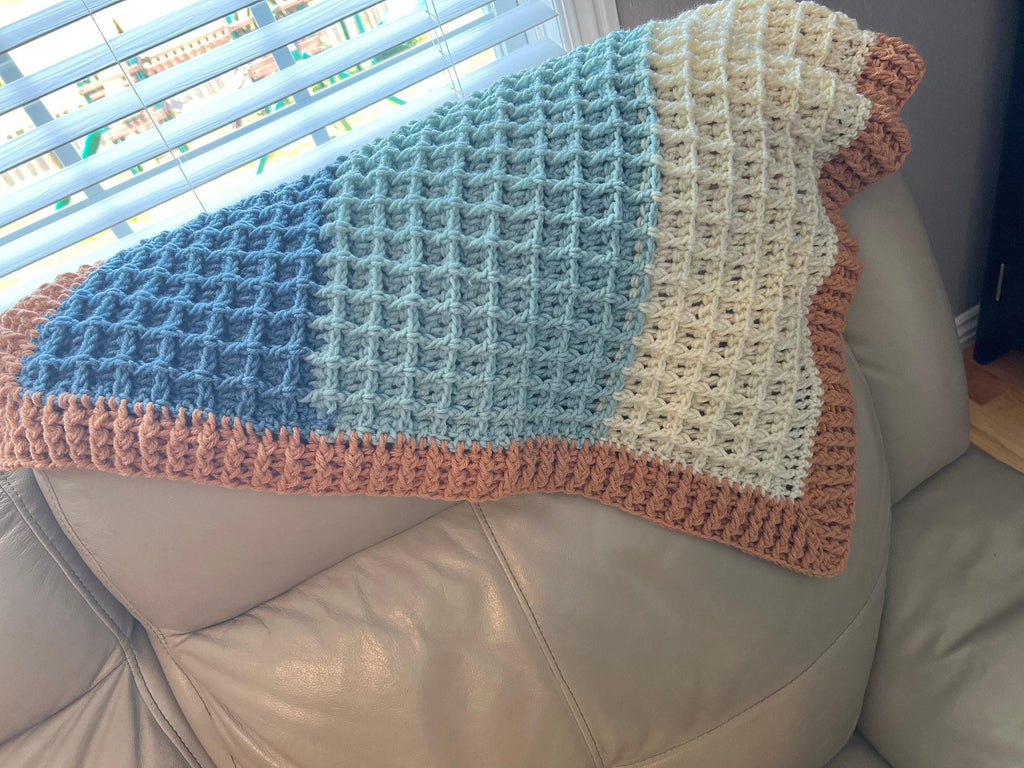 Bassinet Blanket Stroller Cover Carseat Accessory Beach Theme Design Coastal Nursery Decor Boho Style Pattern Handmade Crochet Technique Modern Heirloom Quality Soft Yarn Material Blue White Beige Colors Perfect Newborn Gift Baby Shower
